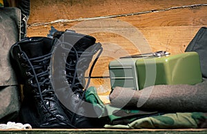 Vintage military boots and equipment retro style