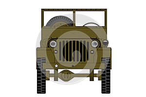 vintage military car front view, isolated on the white background