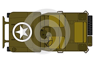 Vintage military car, top view, isolated on the white background