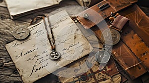 Vintage Military Medals, Compass, Handwritten Letters Leather Pouches Evoking Memories Of Bygone Era