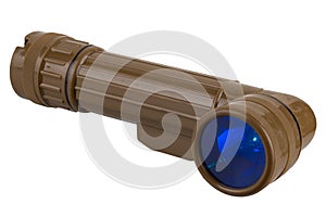 vintage military style flashlight with blue light isolated on white