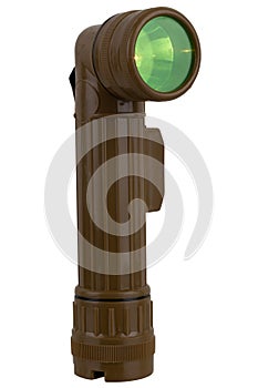 vintage military style flashlight with green light isolated on white