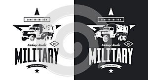 Vintage military truck black and white isolated vector logo.