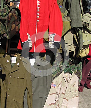Vintage military uniforms in fleamarket