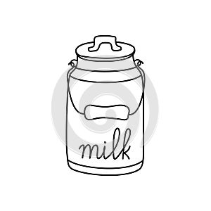 Vintage milk can with lettering, black doodle icon. Thin line sketch drawing. Hand drawn illustration for dairy products, eco farm