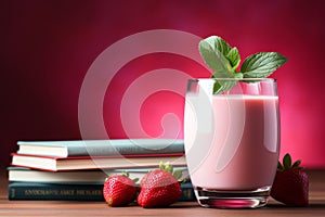 Vintage milk glass filled with strawberry milkshake and fresh strawberries on wooden background