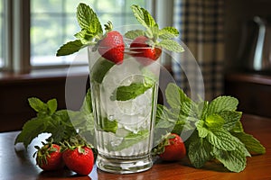 Vintage milk glass strawberry milkshake with fresh strawberries and mint leaves on wooden background