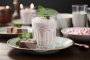 Vintage milk glass strawberry milkshake with fresh strawberries and mint leaves on wooden background