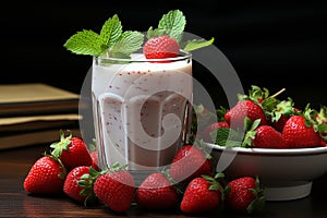 Vintage milk glass, strawberry milkshake, fresh strawberries, mint leaves on wooden table