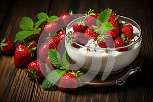 Vintage milk glass with strawberry milkshake and fresh strawberries on wooden background