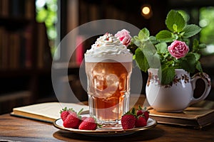 Vintage milk glass with strawberry milkshake and fresh strawberries on wooden background
