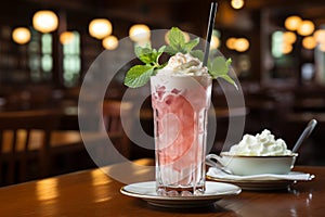 Vintage milk glass with strawberry milkshake, straw, and fresh strawberries on wooden background