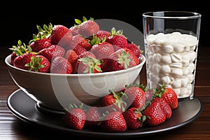 Vintage milk glass with strawberry milkshake and straw on wooden background with fresh strawberries