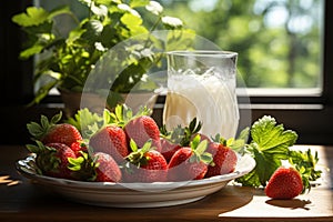 Vintage milk glass with strawberry milkshake on wooden background and fresh strawberries