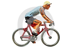 Vintage miniature sport cyclist isolated on white