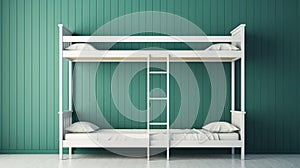Vintage Minimalism: Dark White And Dark Cyan Bunk Bed On Green Wall