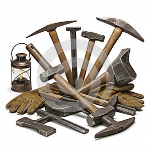 Vintage Mining Tools and Lantern on White