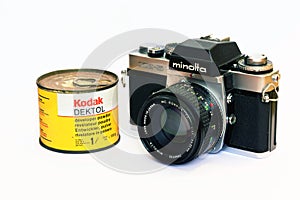 Vintage Minolta XE-5 camera and Kodak Dektol
