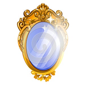 Vintage mirror with golden ornate florid frame isolated on white background. Vector cartoon close-up illustration.