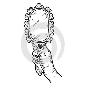 Vintage mirror in a woman hand. Sketch scratch board imitation color.