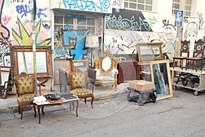 Vintage mirrors and furnitures in a corner store