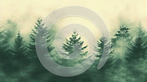 Vintage misty mountain landscape with fir forest in dark green and light gray fog retro style