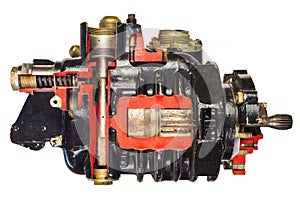 Vintage model of a classic car engine with focus on pistons