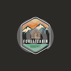 Vintage modern outdoor emblem logo with Mountain view and cabin house in forest