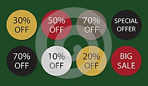 Vintage modern round colorful discount and sale stickers labels set design elements on green