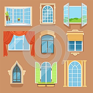 Vintage and modern windows set in different styles and forms. Window frames exterior view