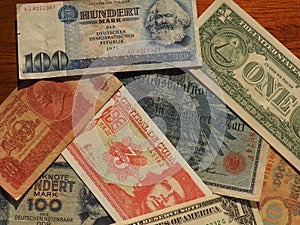 vintage money of communist countries and dollar notes