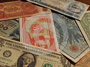 vintage money of communist countries and dollar notes