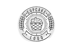 vintage mono line cupcake and wheat, bakery logo Designs Inspiration Isolated on White Background.