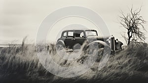 Vintage Monochromatic Image Old Car In Tall Grass