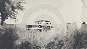 Vintage Monochromatic Portrait: Old Car In Grassy Field photo
