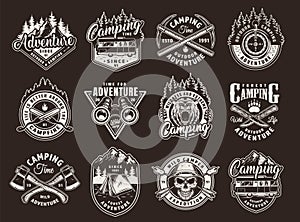 Vintage monochrome camping labels set