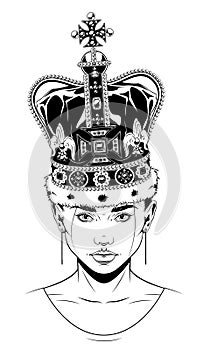 Vintage monochrome drawing of a woman face with crown. Isolated vector template