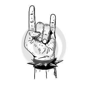 Vintage monochrome illustration of hand with rock and roll sign. Design element for logo, label, sign, poster, t shirt.