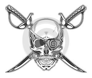 Vintage monochrome illustration of skull with mustache and eye patch and crossed sabers. Isolated vector template