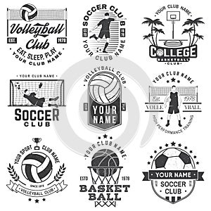 Vintage monochrome label, sticker, patch with basketball, volleyball, soccer players silhouettes. Vector illustration.