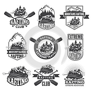 Vintage monochrome labels for dangerous water sports. Symbols of rafting. Pictures of kayak