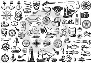 Vintage Monochrome Marine Icons Collection