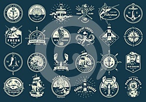 Vintage monochrome maritime emblems set photo