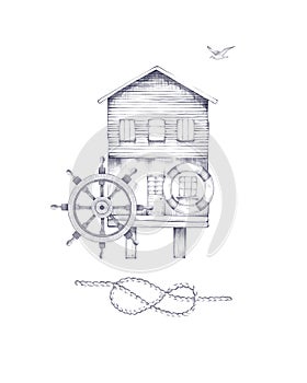 Vintage monochrome nautical elements illustration with sea house, seagull, lifebuoy, wheel and knotted rope. Sea poster