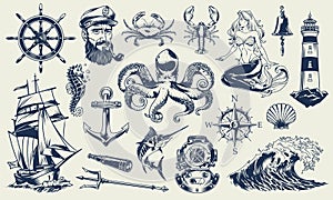 Vintage monochrome nautical elements set