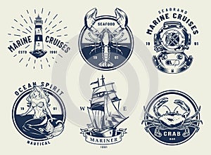 Vintage monochrome nautical emblems set