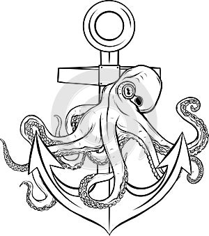 Vintage monochrome octopus and ship anchor isolated illustration, vector