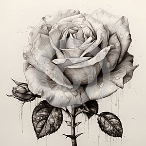 Vintage monochrome rose flower with leaves and water drops.