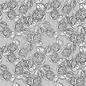 Vintage monochrome roses pattern with lace