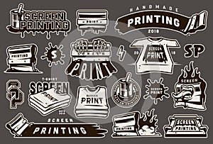 Vintage monochrome screen printing elements set